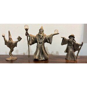 Lot Of 3 Pewter Wizard Figurines With Crystals & Unique Designs Wizard Sorcerer